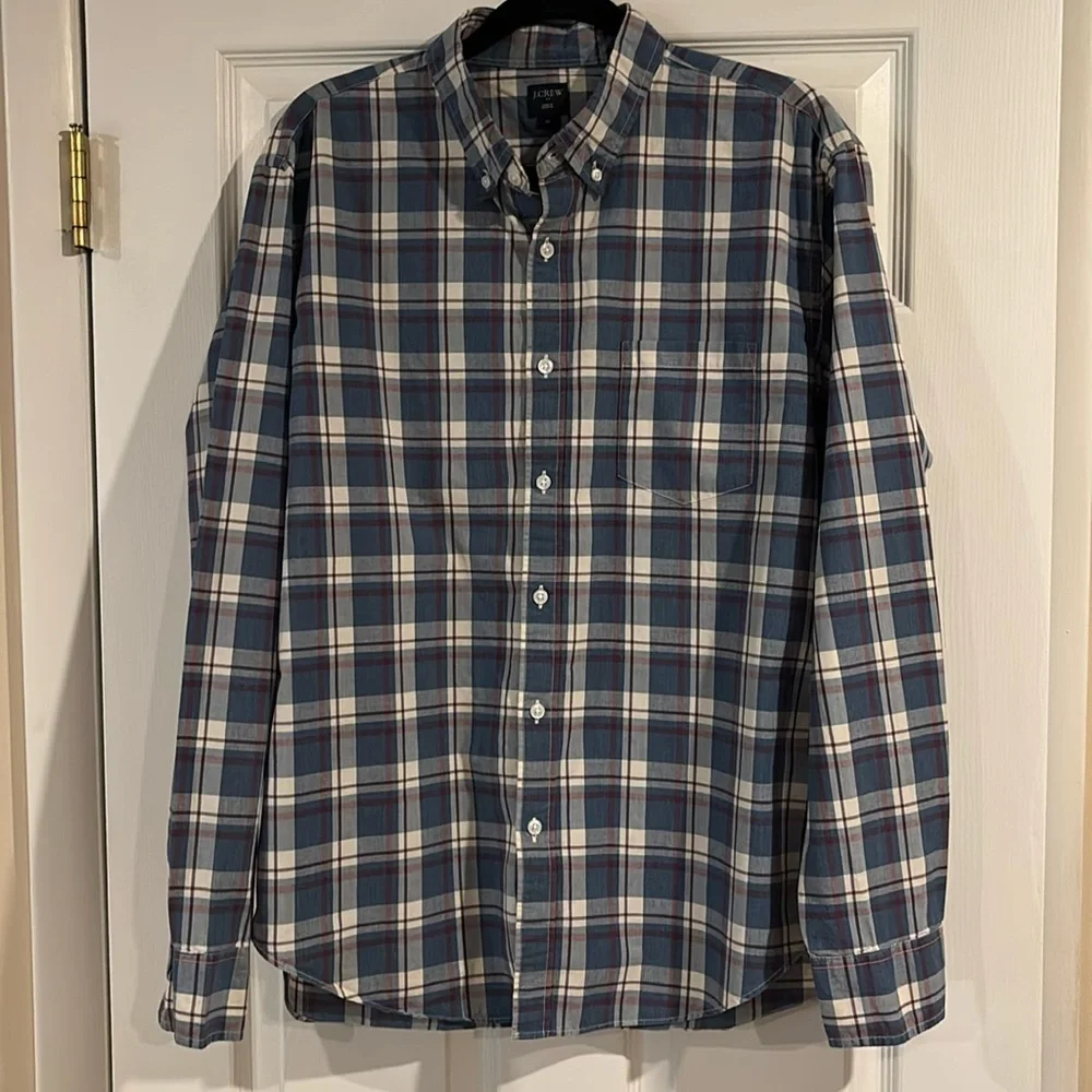 J. Crew‎ Men's 100% Cotton Plaid Button Down Shirt Red, Blue, & White sz XL